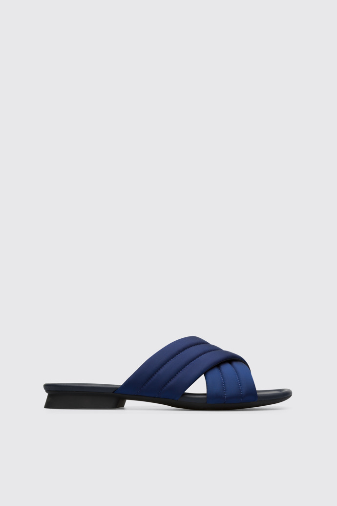 Side view of Casi Myra Women’s blue textile x-strap sandal