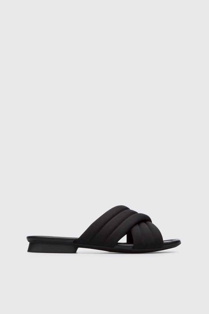 Side view of Casi Myra Black women’s textile x-strap sandal