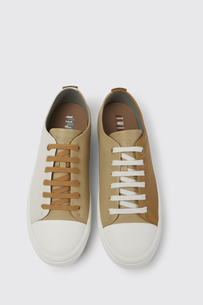 Overhead view of Twins Brown, beige, and white sneakers for women