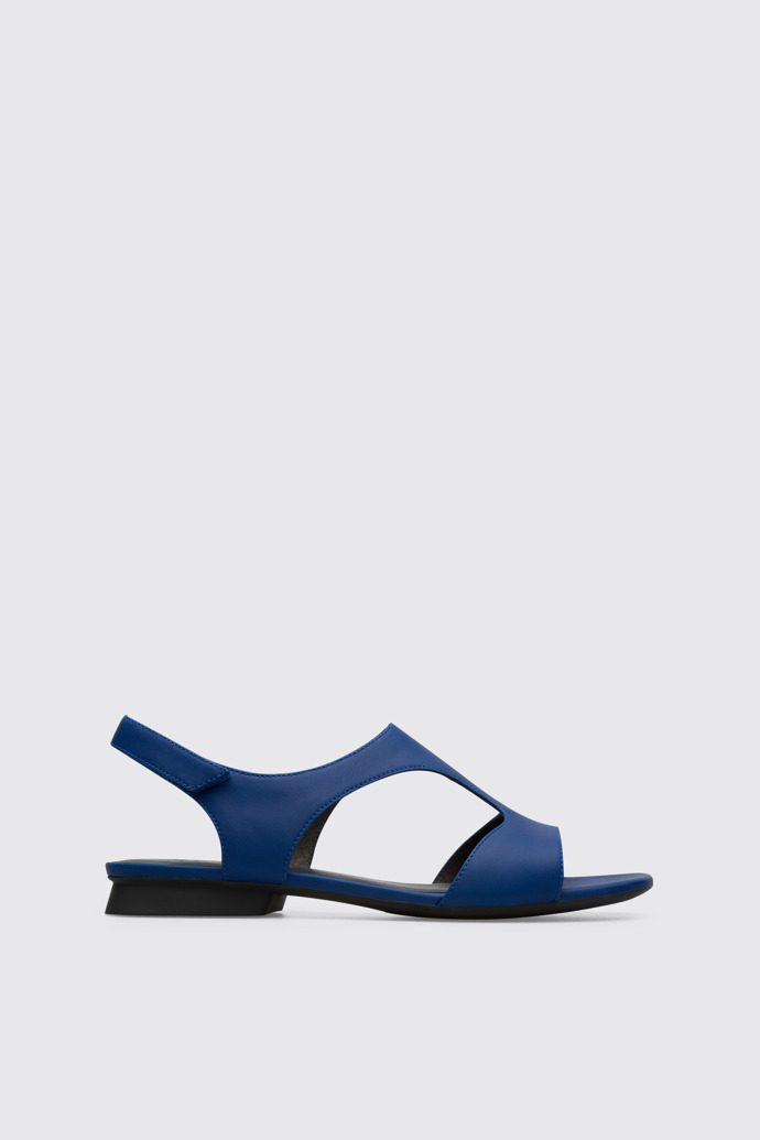 Side view of Casi Myra Women’s blue textile T-strap sandal