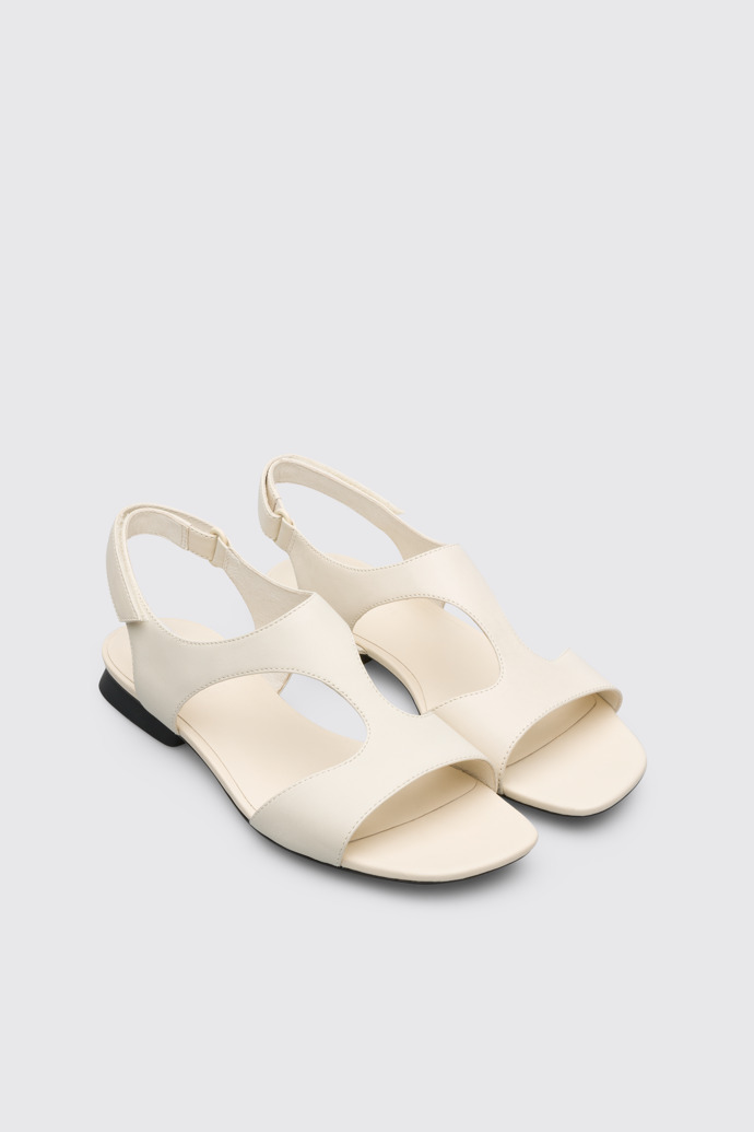 Front view of Casi Myra Women’s cream textile T-strap sandal
