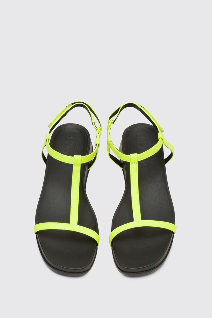 Overhead view of Atonik Women’s neon yellow T-strap sandal