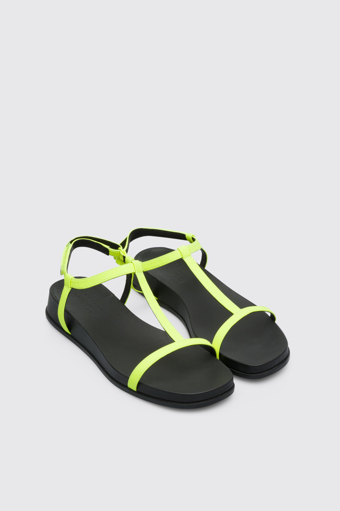 Front view of Atonik Women’s neon yellow T-strap sandal