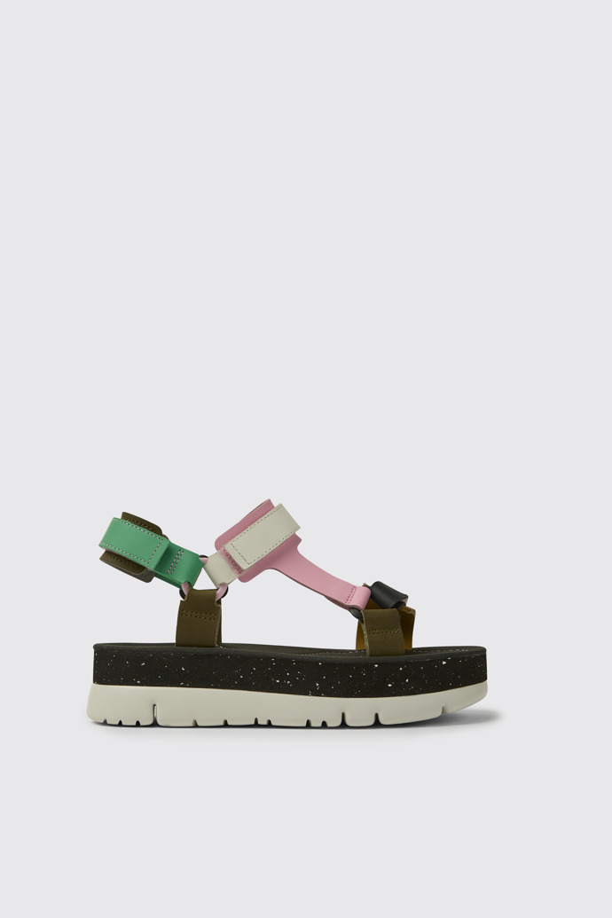 Side view of Oruga Up Green, pink, and white leather sandals for women