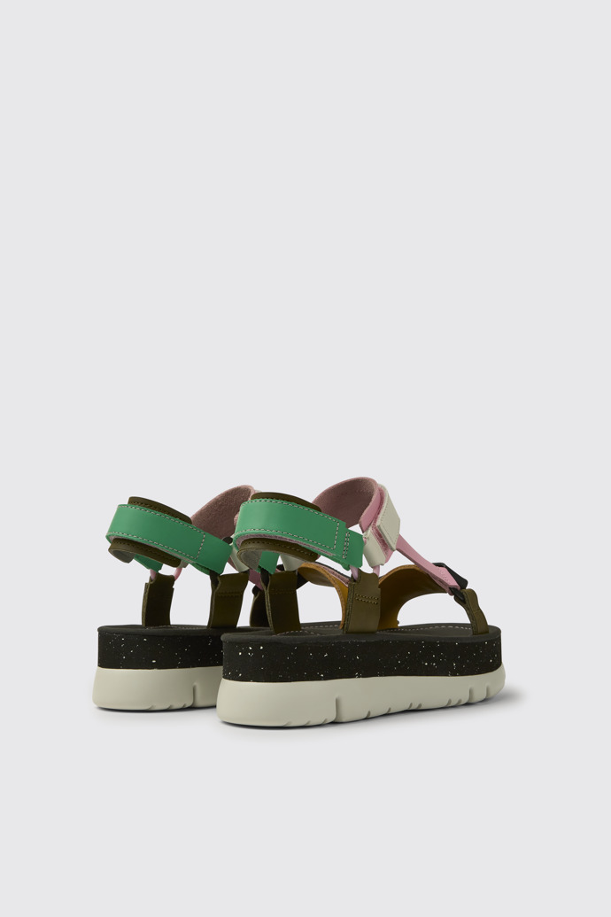 Back view of Oruga Up Green, pink, and white leather sandals for women