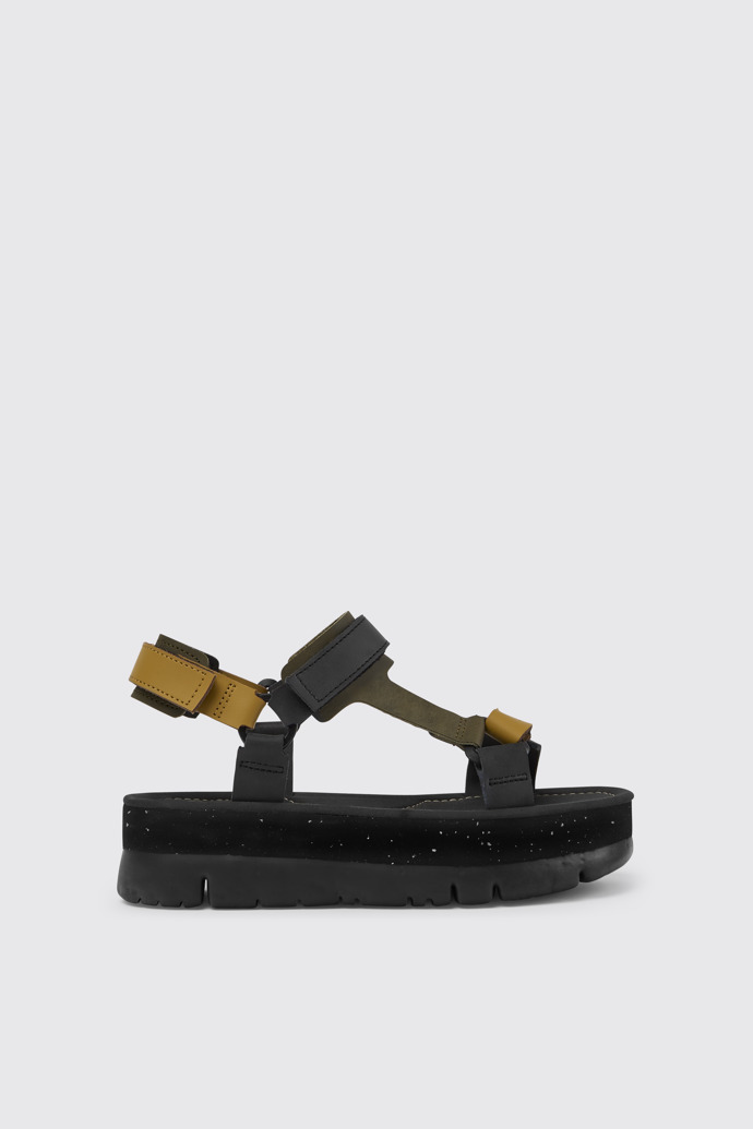 Side view of Oruga Up Black, brown, and green leather sandals for women