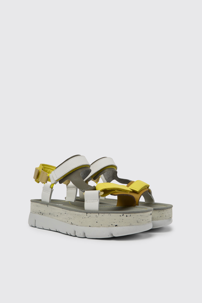 Front view of Oruga Up White, grey, and yellow leather sandals for women