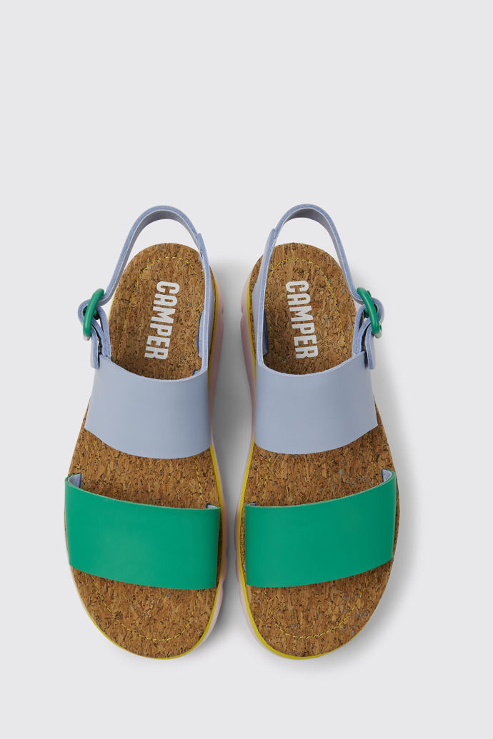 Overhead view of Oruga Blue and green sandals for women
