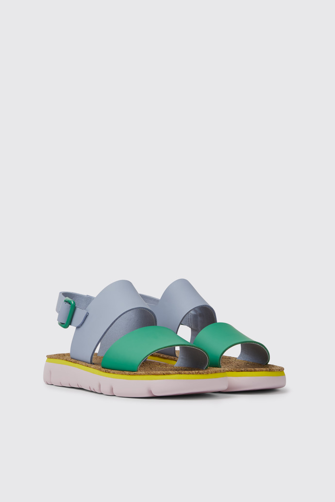 Front view of Oruga Blue and green sandals for women