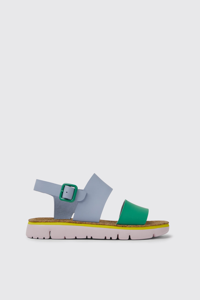Side view of Oruga Blue and green sandals for women