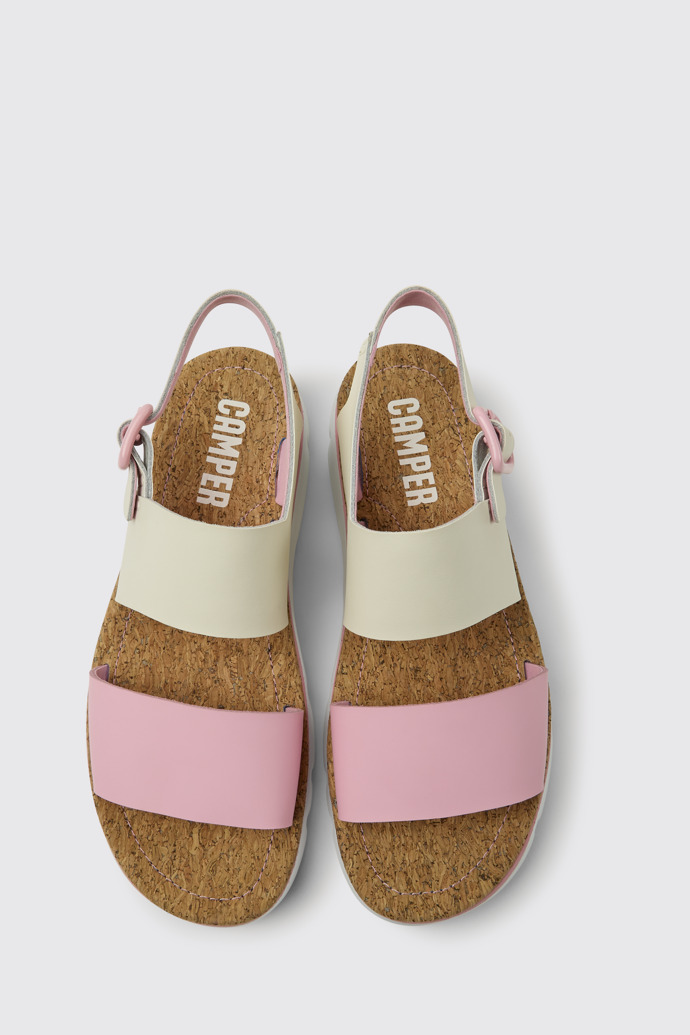 Overhead view of Oruga White and pink leather sandals for women