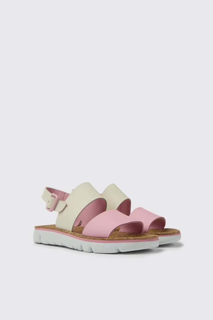 Front view of Oruga White and pink leather sandals for women