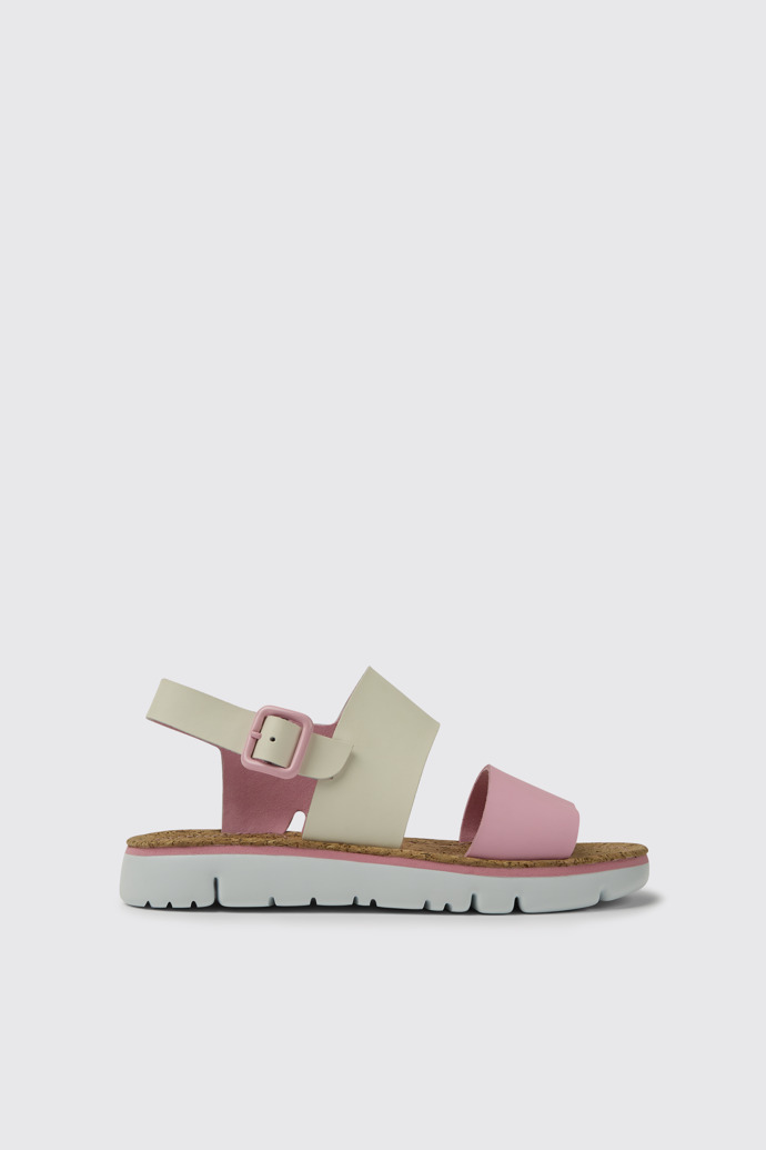 Side view of Oruga White and pink leather sandals for women