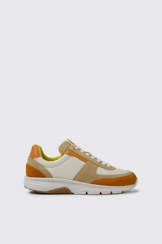 Side view of Drift White, beige, and orange nubuck sneakers for women