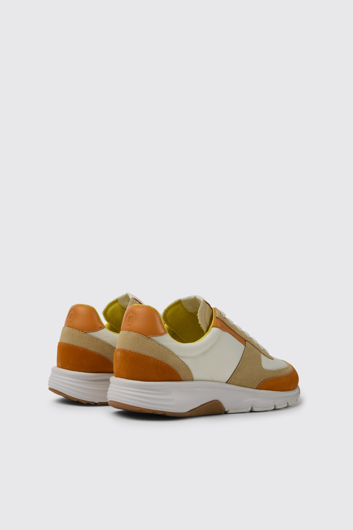 Back view of Drift White, beige, and orange nubuck sneakers for women