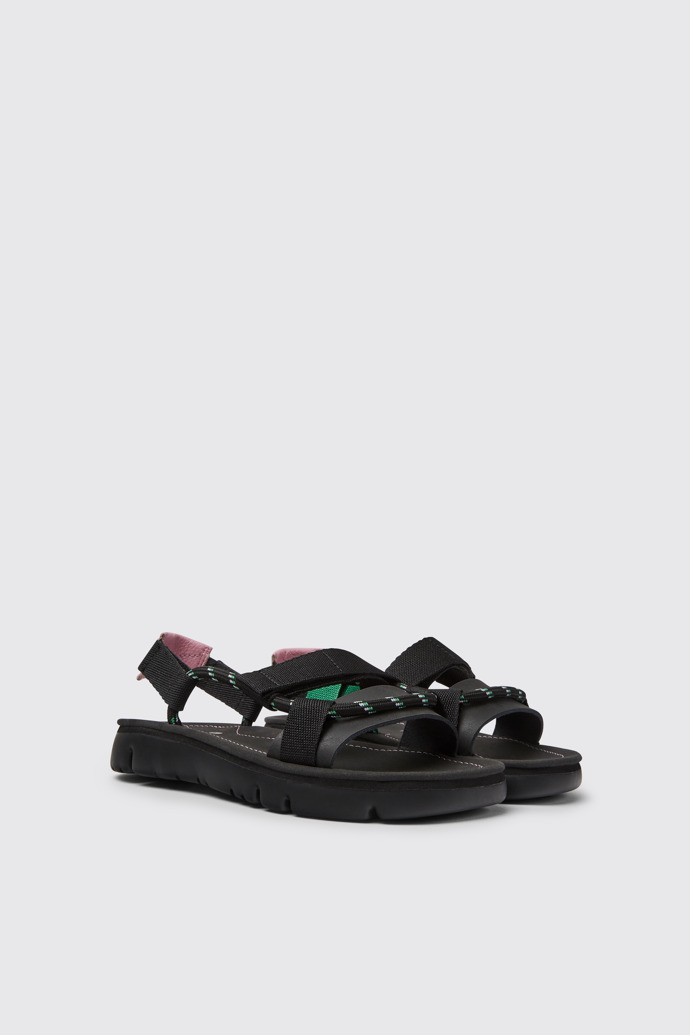Front view of Oruga Black, pink, and green leather sandals for women