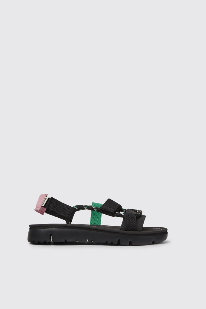 Side view of Oruga Black, pink, and green leather sandals for women