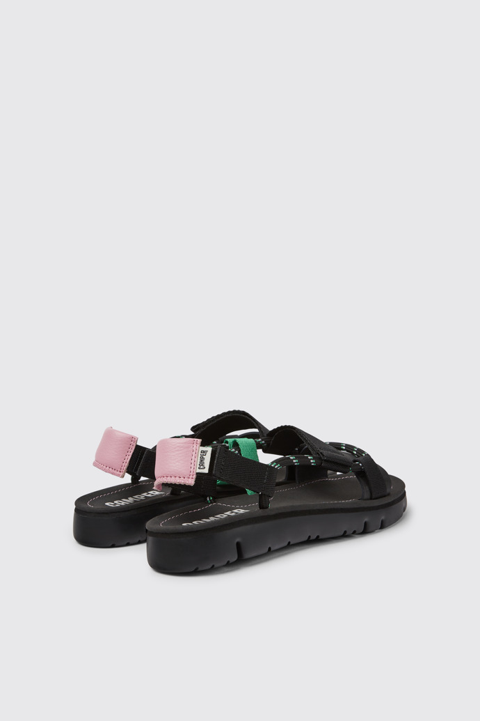 Back view of Oruga Black, pink, and green leather sandals for women