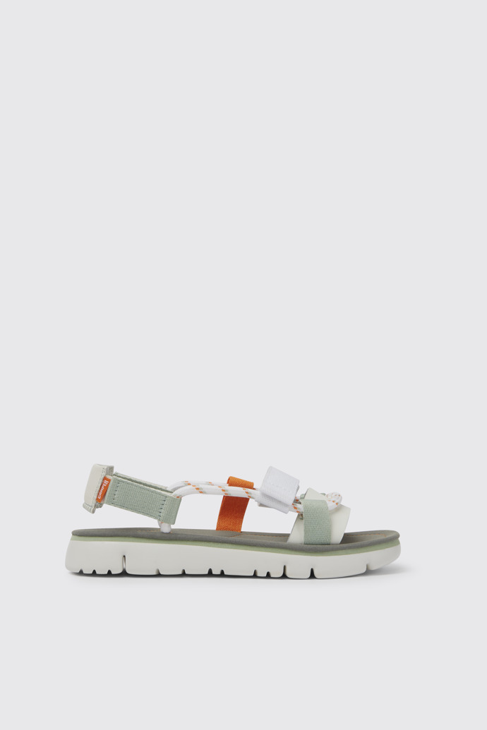 Side view of Oruga White, green, and orange sandals for women