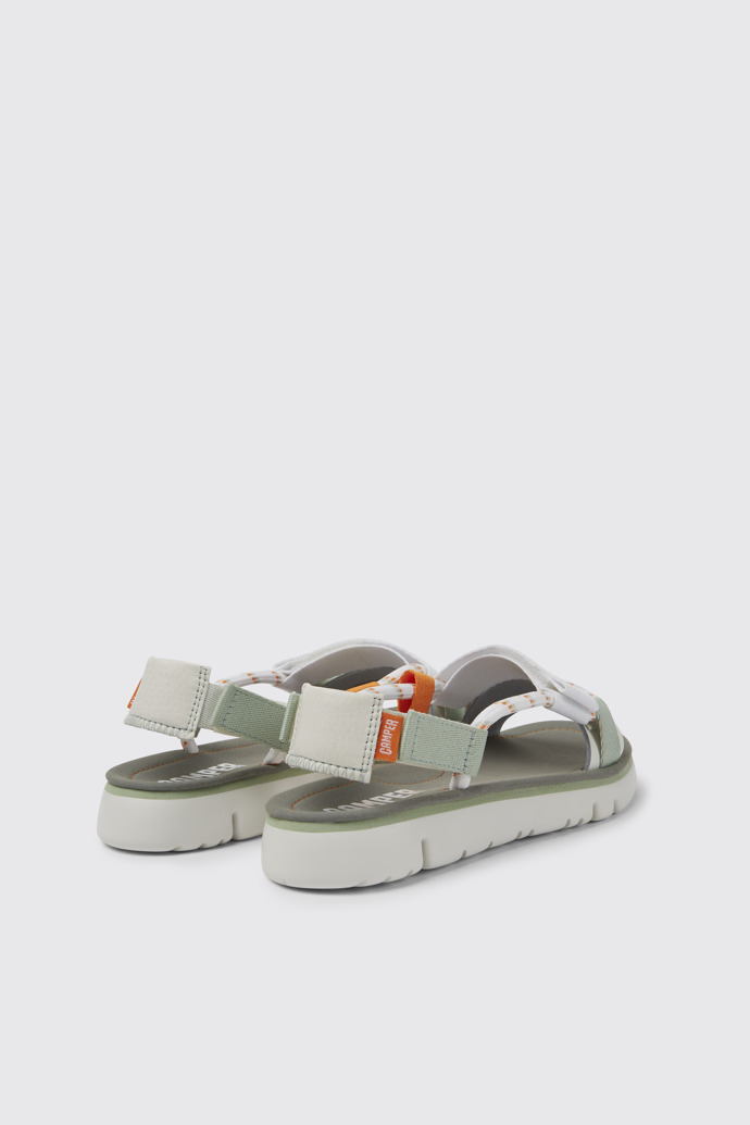 Back view of Oruga White, green, and orange sandals for women
