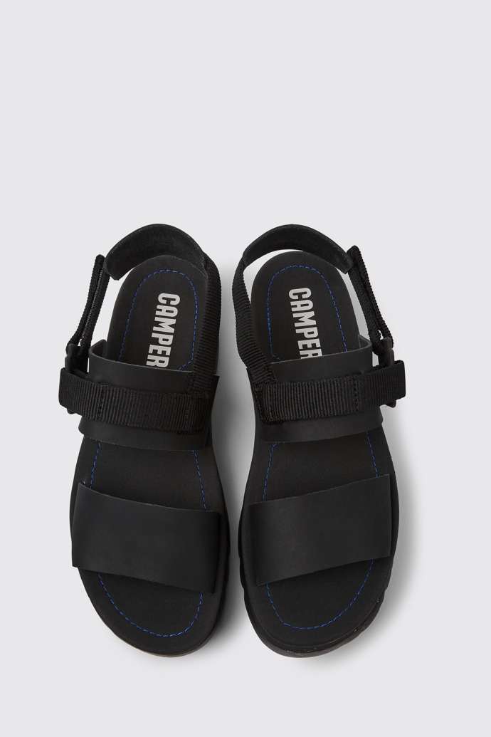 Overhead view of Oruga Up Black leather sandals for women