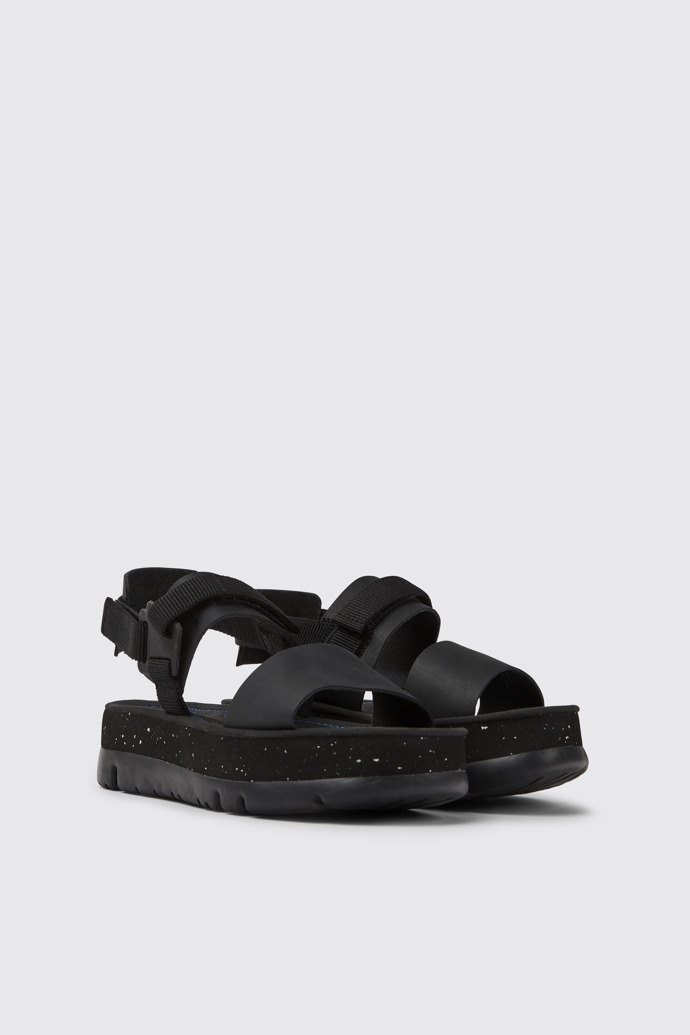 Front view of Oruga Up Black leather sandals for women