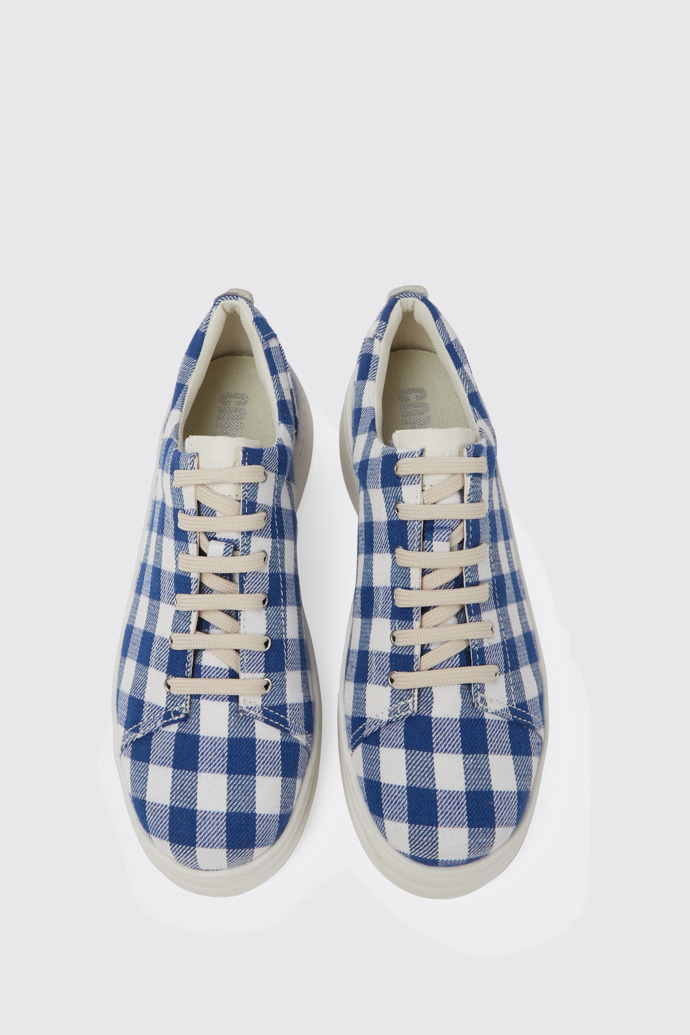 Overhead view of Runner Up Blue and white recycled cotton sneakers for women