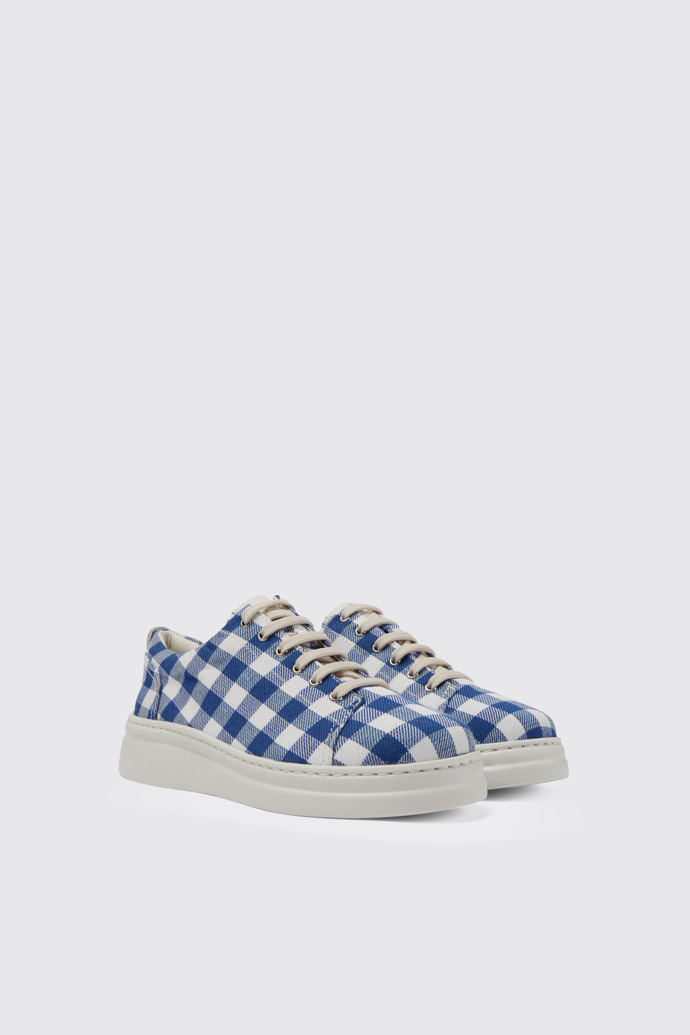 Front view of Runner Up Blue and white recycled cotton sneakers for women