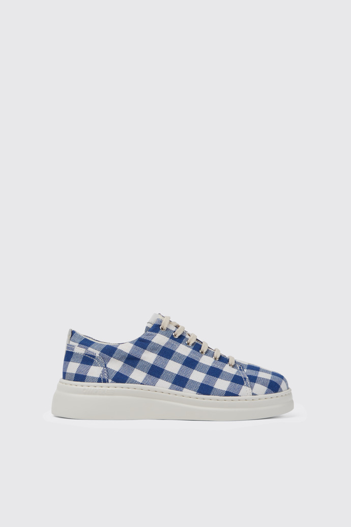 Side view of Runner Up Blue and white recycled cotton sneakers for women