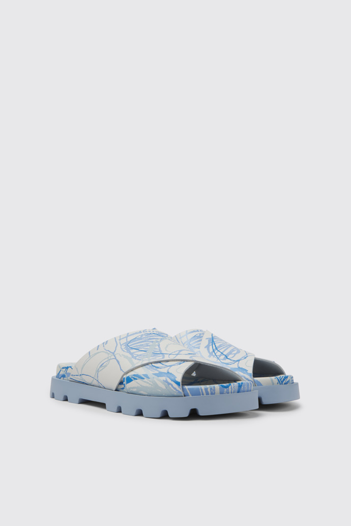 Front view of Brutus Sandal White and blue printed leather sandals for women
