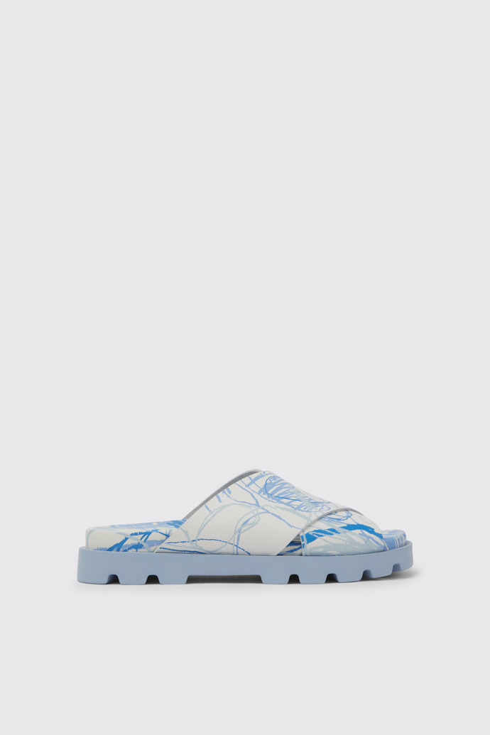 Side view of Brutus Sandal White and blue printed leather sandals for women