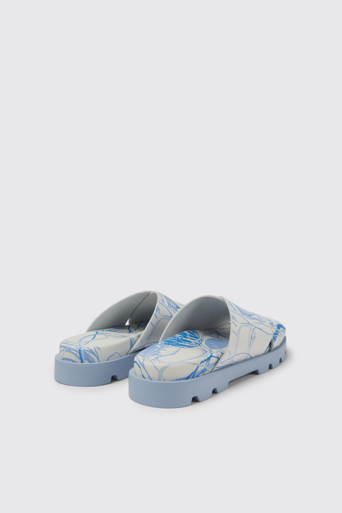 Back view of Brutus Sandal White and blue printed leather sandals for women