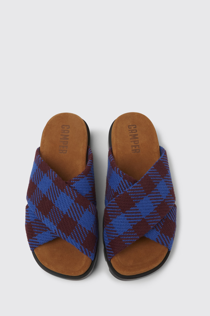Overhead view of Brutus Sandal Blue and burgundy recycled cotton sandals for women
