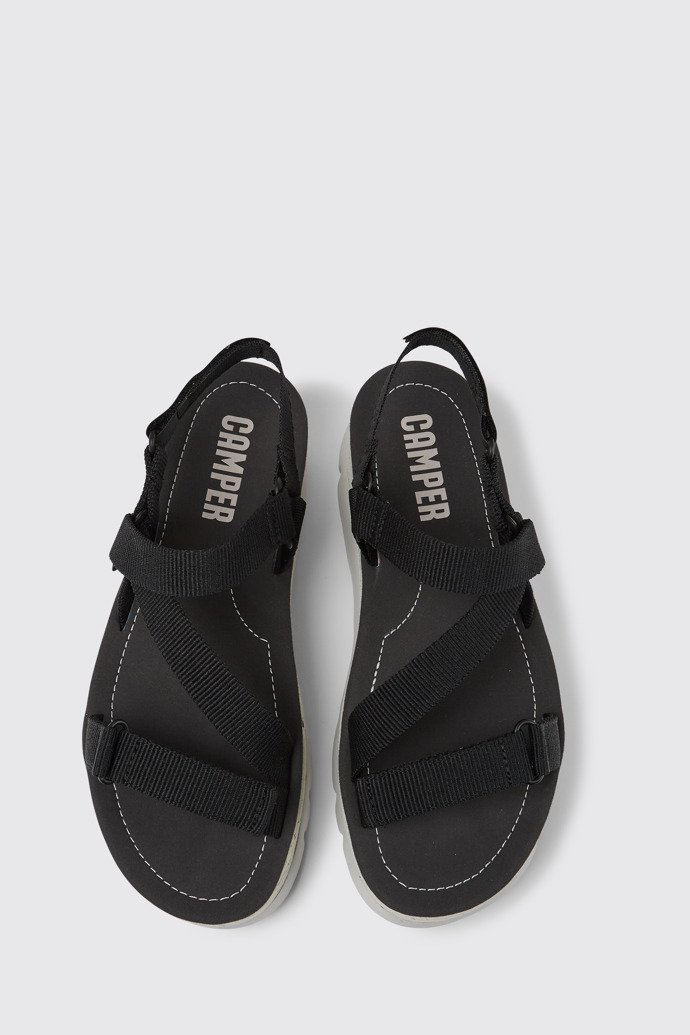 Overhead view of Oruga Up Black recycled PET sandals for women