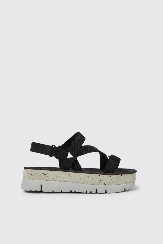 Side view of Oruga Up Black recycled PET sandals for women