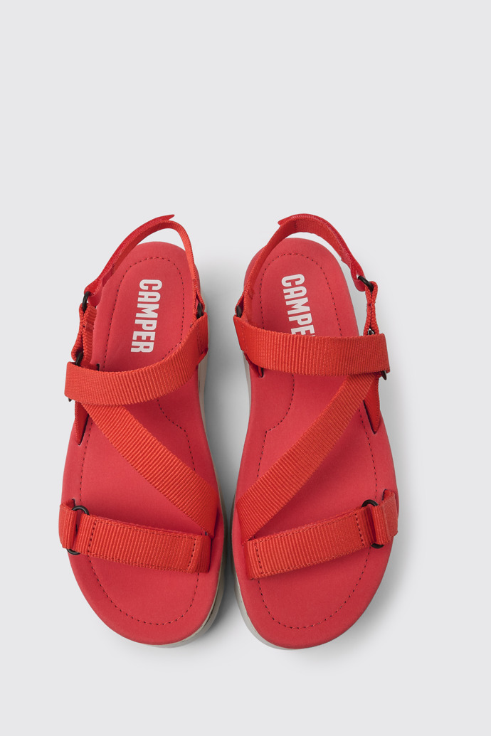 Overhead view of Oruga Up Red recycled PET sandals for women