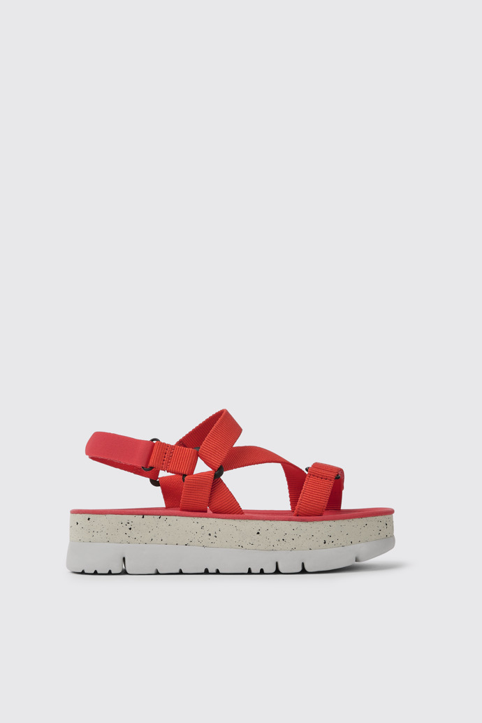 Side view of Oruga Up Red recycled PET sandals for women