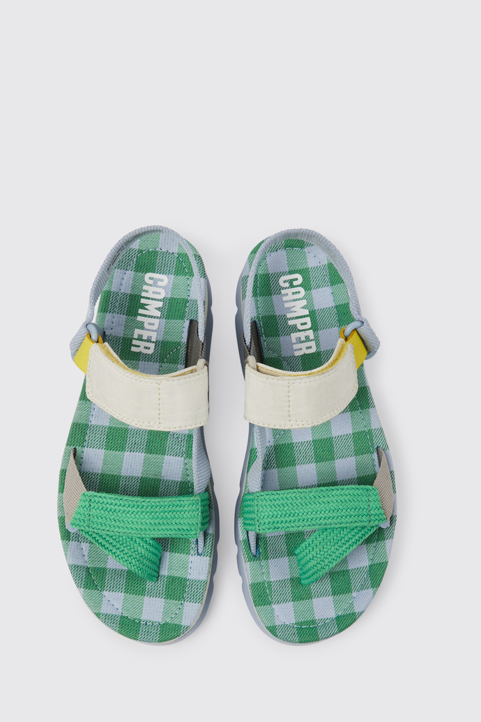 Overhead view of Oruga Up Blue, green, and grey sandals for women