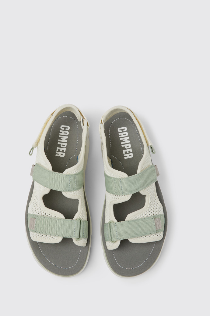 Overhead view of Oruga White, green, and grey sandals for women