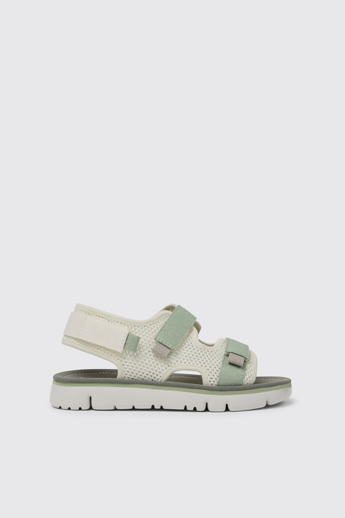 Side view of Oruga White, green, and grey sandals for women