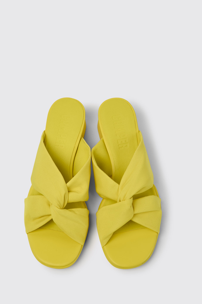 Overhead view of Katie Yellow recycled PET sandals for women