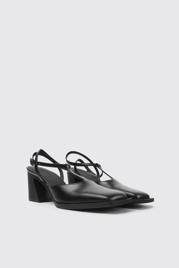 Front view of Karole Black leather T-bar shoes for women