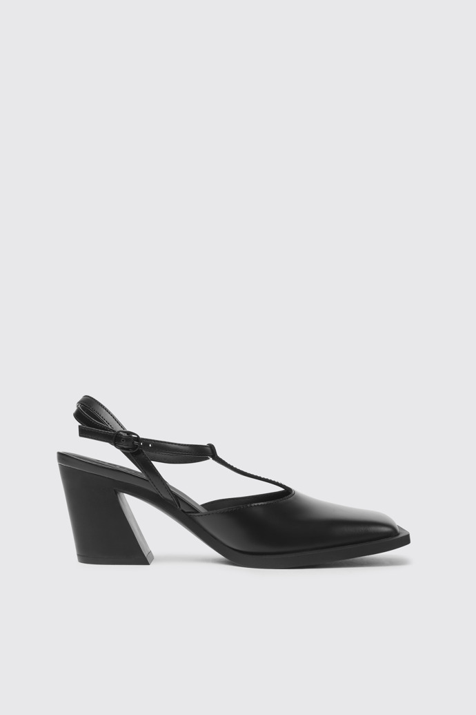 Side view of Karole Black leather T-bar shoes for women