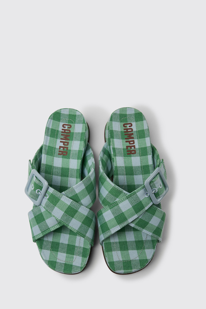 Overhead view of Atonik Blue and green sandals for women