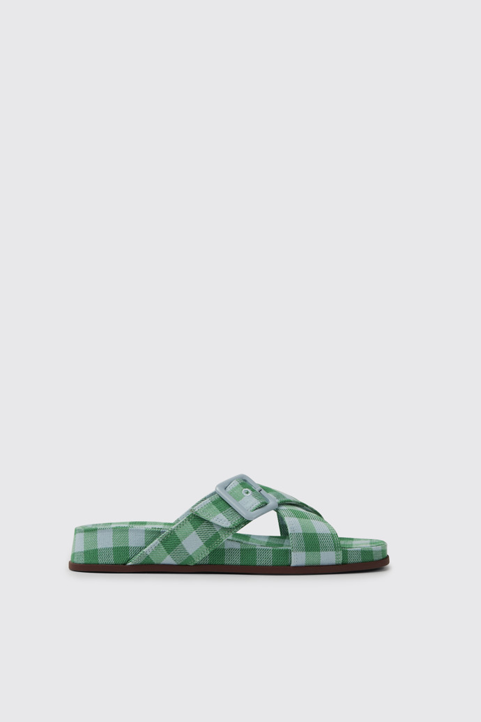 Side view of Atonik Blue and green sandals for women