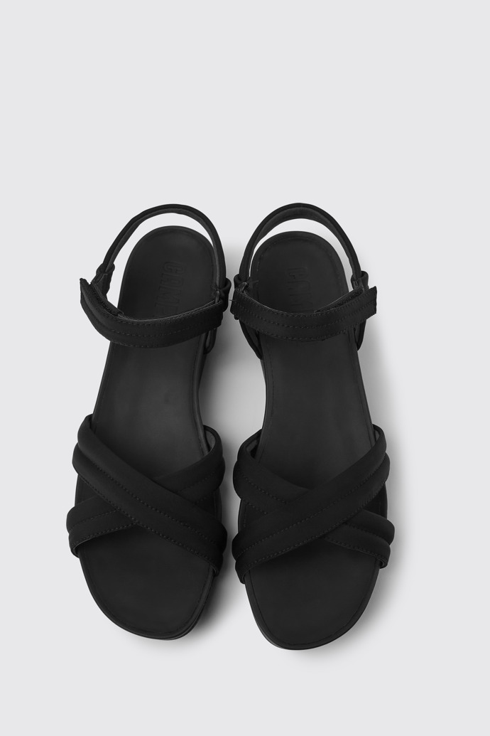 Overhead view of Minikaah Black recycled PET and nylon sandals for women
