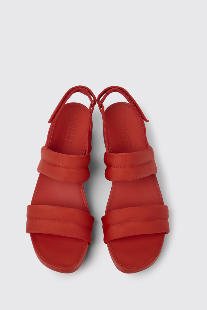 Overhead view of Minikaah Red recycled PET and nylon sandals for women
