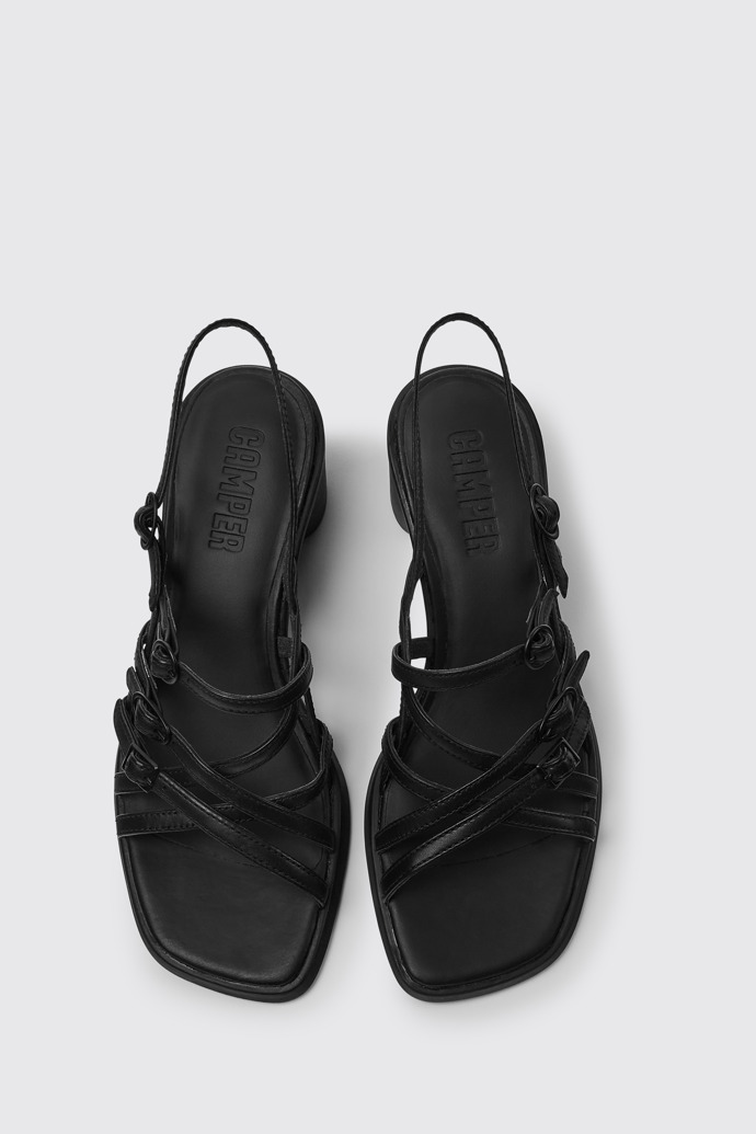 Overhead view of Meda Black leather sandals for women