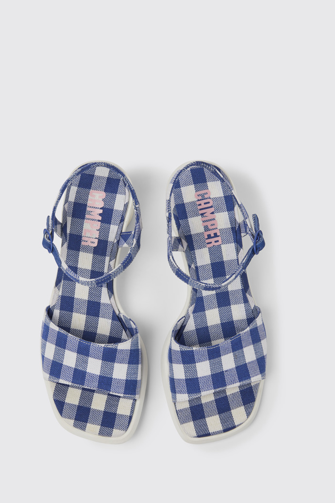 Overhead view of Meda Blue and white recycled cotton sandals for women
