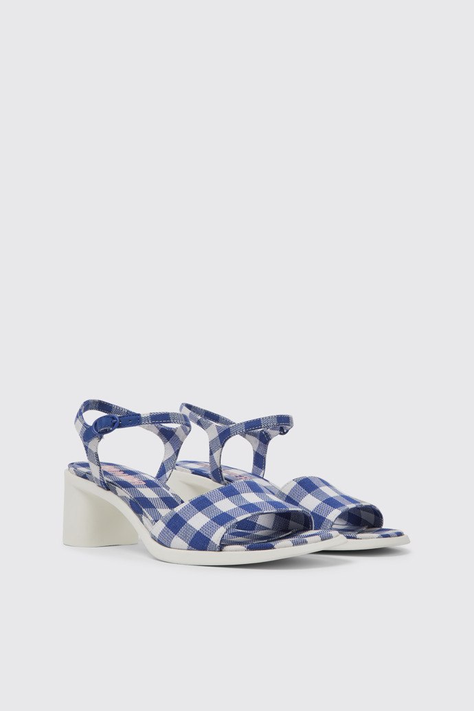 Front view of Meda Blue and white recycled cotton sandals for women